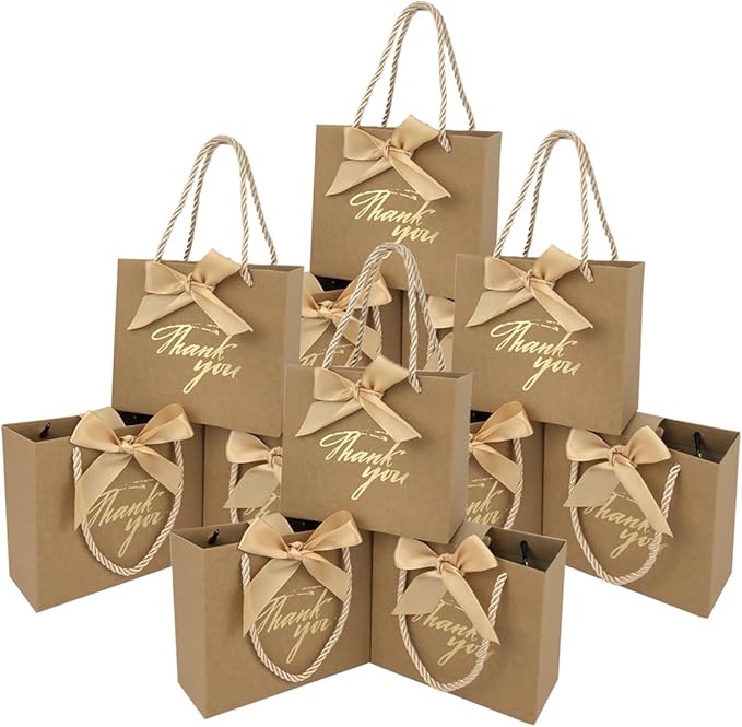 TKSBAG 50 Pack Small Thank You Gift Bags with Handles, 5.5''x 2.5''x4.7'' Mini Brown Gift Bags Bulk for Baby Shower, Birthday, Wedding, Party Favors