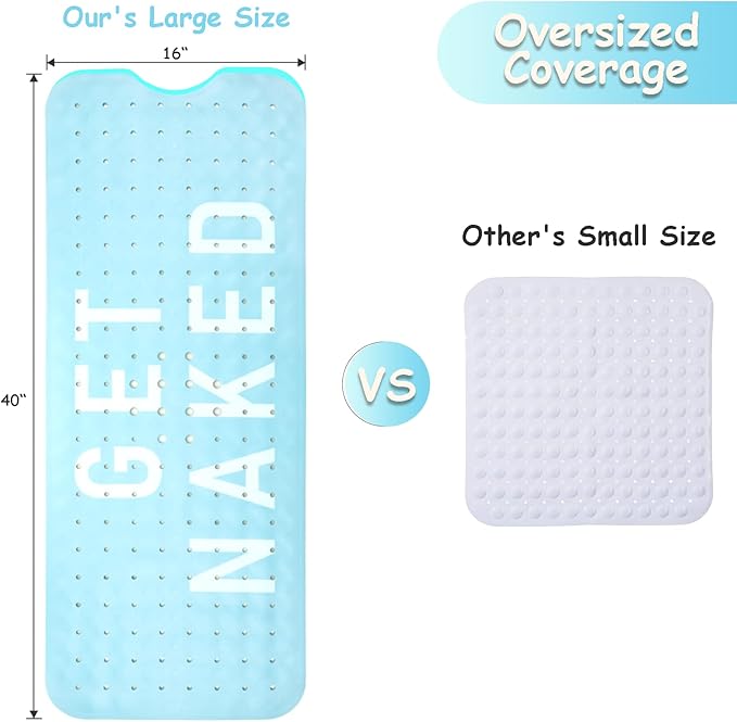 Bathtub Mat Non Slip, Get Naked Extra Long Bath tub Mat Shower Floor Mat with Suction Cups and Drain Holes for Adults Kids Elderly 40 X 16 Inch