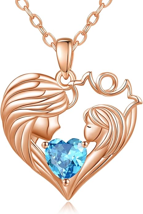 Mother and Daughter/Son Love Heart Necklace White Gold/14K Gold/Rose Gold Birthstone Jewelry Christmas Mothers Day Birthday Gifts For Mom Wife Grandma Women