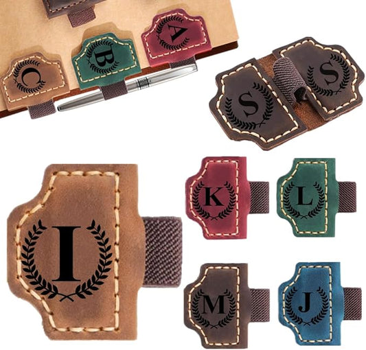 Custom Bookmark with Pen Holder with 26 Letters Personalized Magnetic Leather Book Mark, Customized Name Book Marker Clip with Initial for Men Women, Gifts for Book Lovers, Readers, (Brown, I)