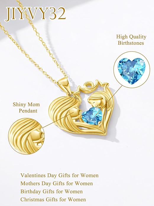 Mother and Daughter/Son Love Heart Necklace White Gold/14K Gold/Rose Gold Birthstone Jewelry Christmas Mothers Day Birthday Gifts For Mom Wife Grandma Women