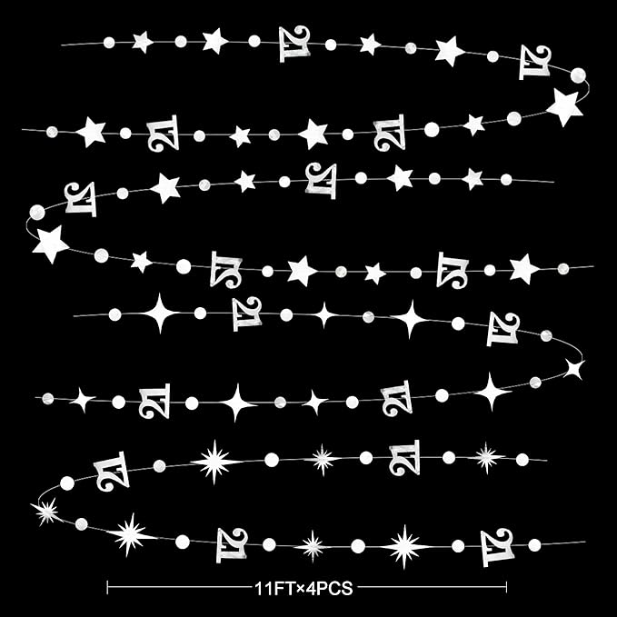 Silver 21st Birthday Decorations Number 21 Circle Dot Twinkle Star Garland Metallic Hanging Streamer Banner Backdrop for Girls Boys Cheers to 21 Years Finally Legal Bday 21st Anniversary Party Decor