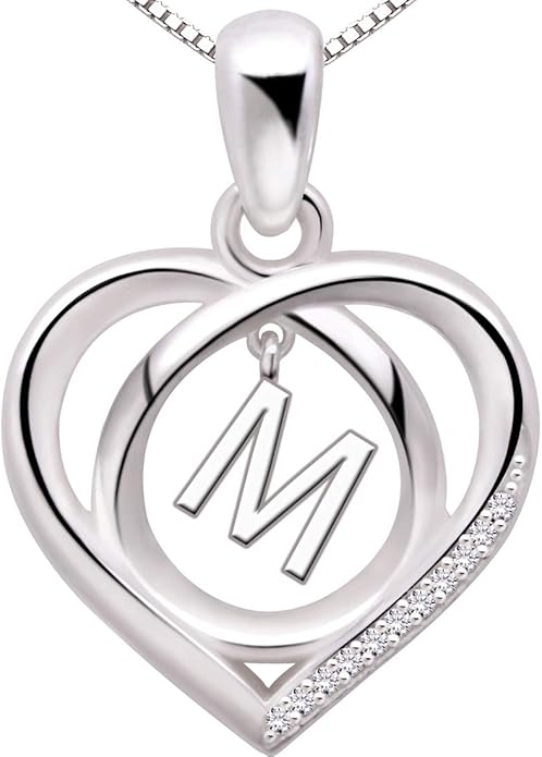 ALOV Jewelry Sterling Silver Initial Letter Alphabet Love Heart Cubic Zirconia Pendant Necklace