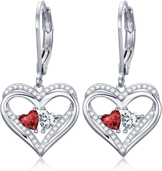 Heart Leverback Earrings Double Birthstone Dangle Earrings for Women, Love Jewelry for Her, Christmas Gifts for Women, Anniversary Birthday Gift for Mom Wife Girlfriend