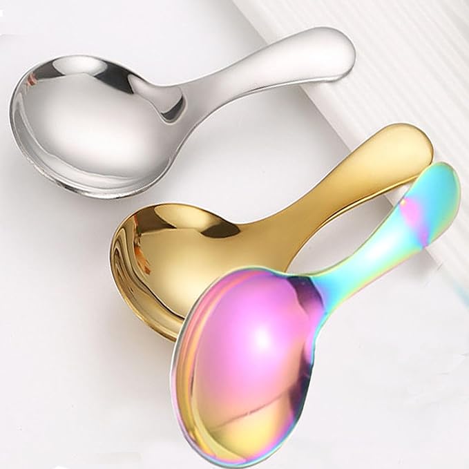 6 Pcs Stainless Steel Short Handle Thickened Small Round Spoons For Honey Candy Coffee Tea Salt Jam and Mustard - Ice Cream Dessert Spoon (B Chroma)
