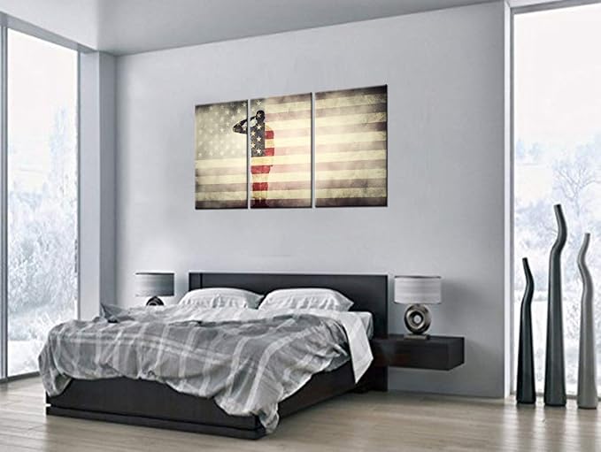 Native American Flag Paintings Patriotism Pictures Soldier Wall Art Stars Stripes Artwork for Living Room 3 panel Printed on Canvas Modern Home Decor Giclee Framed Stretched Ready to Hang(48''Wx24''H)