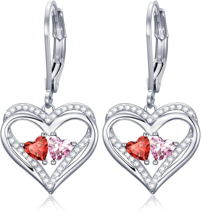 Heart Leverback Earrings Double Birthstone Dangle Earrings for Women, Love Jewelry for Her, Christmas Gifts for Women, Anniversary Birthday Gift for Mom Wife Girlfriend
