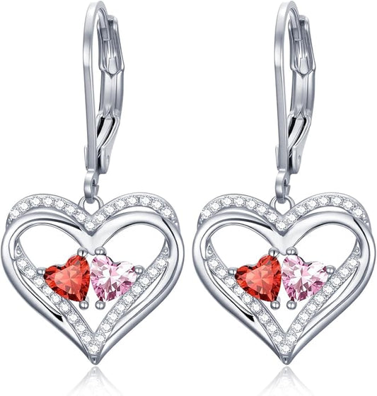 Heart Leverback Earrings Double Birthstone Dangle Earrings for Women, Love Jewelry for Her, Christmas Gifts for Women, Anniversary Birthday Gift for Mom Wife Girlfriend