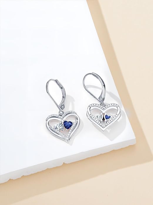 Heart Leverback Earrings Double Birthstone Dangle Earrings for Women, Love Jewelry for Her, Christmas Gifts for Women, Anniversary Birthday Gift for Mom Wife Girlfriend