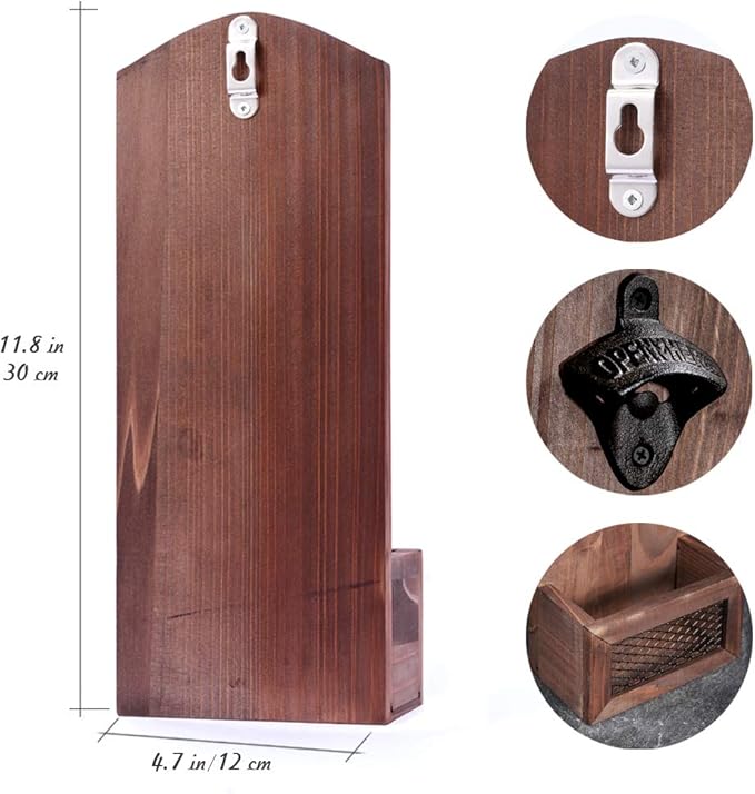Bottle Opener with Cap Collector Catcher,Vintage Wooden Wall Mounted Bottle Opener，Ideal Gift for Men and Beer Lovers, Use as Bar Decoration.
