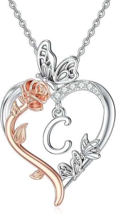 TOUPOP Rose Heart Necklaces Gifts for Women 925 Sterling Silver Butterfly Heart Initial Necklace Anniversary Valentines Day Birthday Jewelry Gifts for Mom Her Wife Girlfriend Daughter