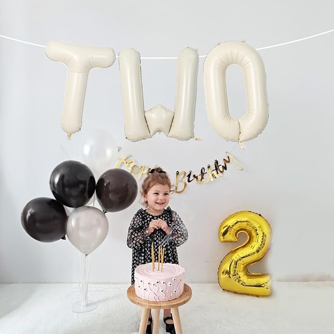 40 Inch Beige Letter Balloon, Cream White Sand Alphabet With Ribbon for 2 Year Old Birthday, Second Anniversary Party Decorations - Neutral Ivory for Kids, Boys, Girls