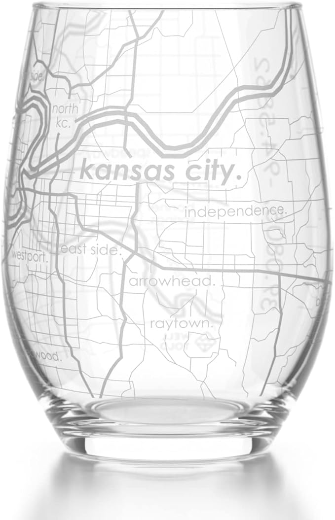 Well Told Engraved Kansas City Missouri Map Stemless Wine Glass, Etched Glass (15 oz, Clear) Custom Gifts for Lovers