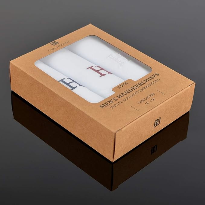 Initial Handkerchief for Men, Monogrammed Boxed 3 Piece Set,100% Cotton