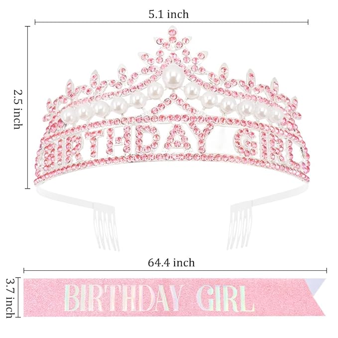 Pink Birthday Girl Crown and Sash, Pearl Birthdays tiara Pink Birthday Decorations Set, Princess Crown Tiara for Women and Girls