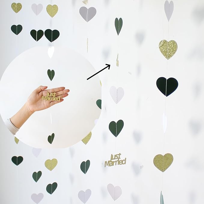 Sage Green Just Married Wedding Party Decorations Gold/Green/White Heart Just Married Garland and Balloons for Wedding Bridal Shower Party