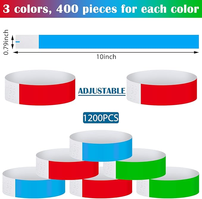 Tudomro 1200 Pack Plastic Paper Wristbands for Events Neon Party Wrist Bands Colored Waterproof Concert Identification Hand Bands Lightweight Adhesive Wristband(Red, Green, Blue)