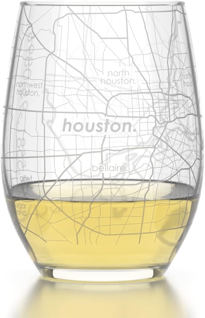Well Told Engraved Houston Texas Map Stemless Wine Glass, Etched Glass (15 oz, Clear) City Custom Gifts for Lovers