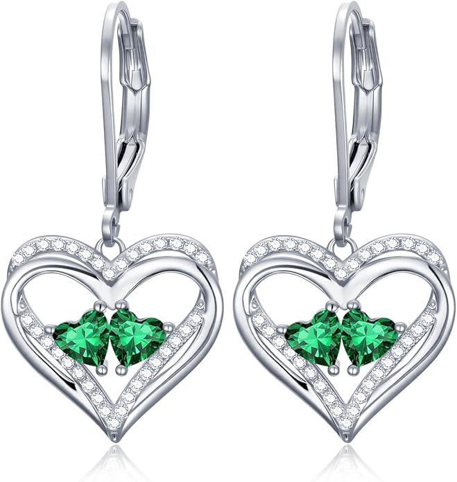 Heart Leverback Earrings Double Birthstone Dangle Earrings for Women, Love Jewelry for Her, Christmas Gifts for Women, Anniversary Birthday Gift for Mom Wife Girlfriend