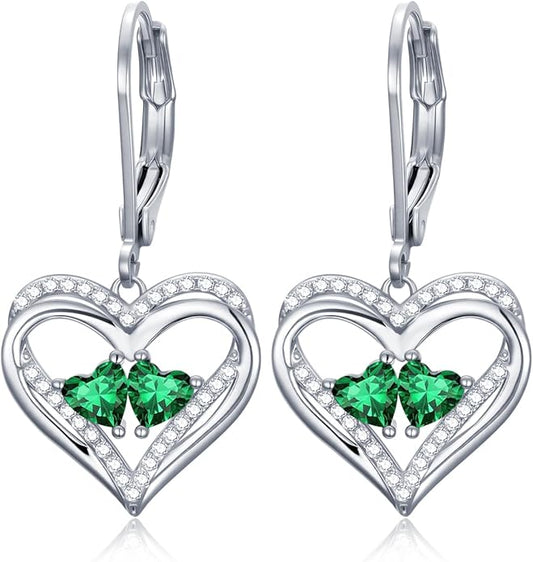 Heart Leverback Earrings Double Birthstone Dangle Earrings for Women, Love Jewelry for Her, Christmas Gifts for Women, Anniversary Birthday Gift for Mom Wife Girlfriend