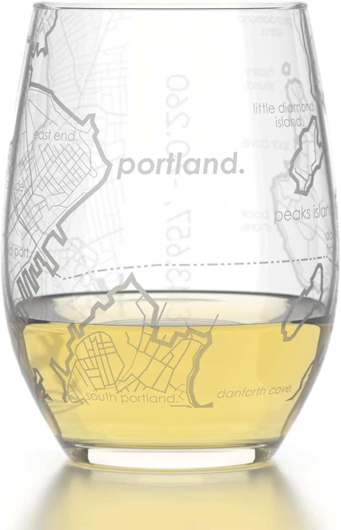 Well Told Engraved Portland Maine Map Stemless Wine Glass, Etched Glass (15 oz, Clear) City Custom Gifts for Lovers