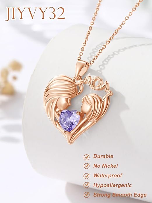 Mother and Daughter/Son Love Heart Necklace White Gold/14K Gold/Rose Gold Birthstone Jewelry Christmas Mothers Day Birthday Gifts For Mom Wife Grandma Women