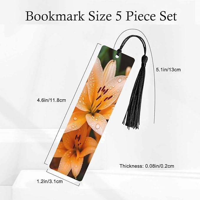 Lily Flowers Bookmarks 5 Pcs Fresh Orange Flower Green Leaves Water Drops Wooden Bookmark with Tassels for Reading Book Lovers Gift Office School Readers Teacher