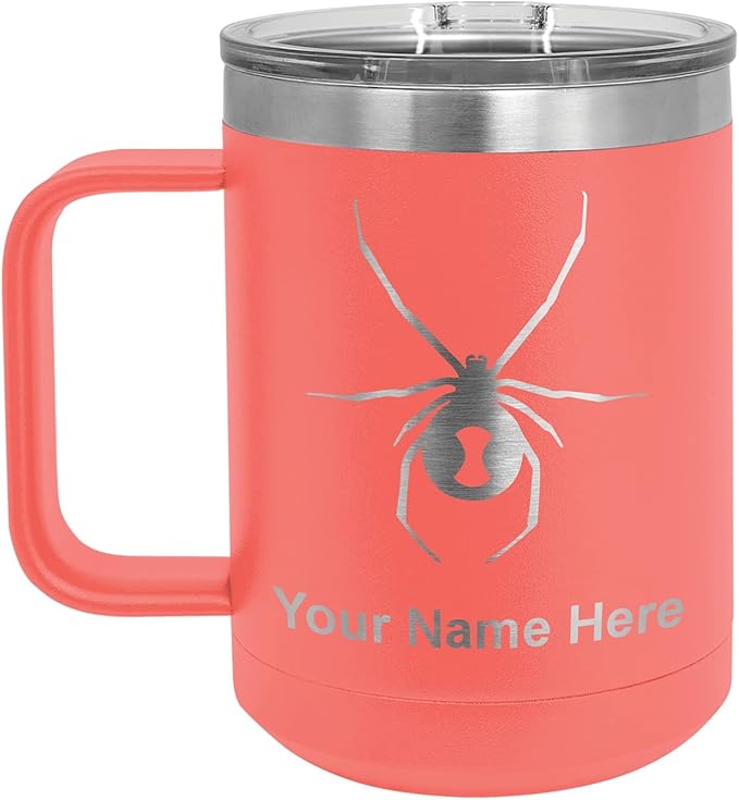 LaserGram 15oz Vacuum Insulated Coffee Mug, Widow Spider, Personalized Engraving Included (Coral)