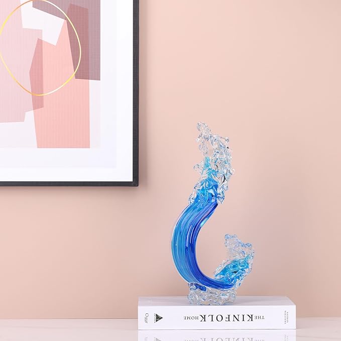 LCCCK Blue Glass Beach House Decor, Hand Blown Ocean Wave Decorate, Tall Blue Glass Sculpture Home Decor, Ocean Wave Fused Art Figurines, for Sea Art Beach Coastal Nautical Office Surfers Gifts