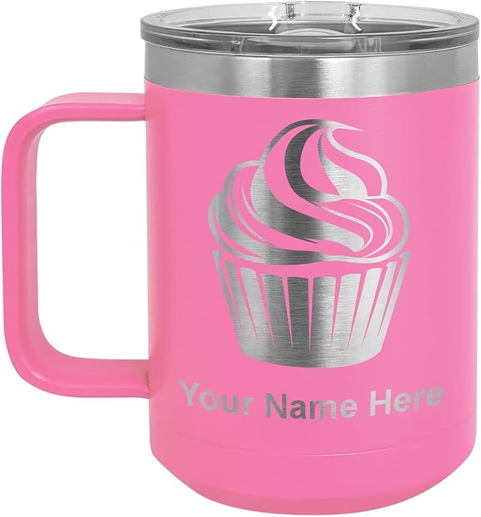LaserGram 15oz Vacuum Insulated Coffee Mug, Cup Cake, Personalized Engraving Included (Pink)