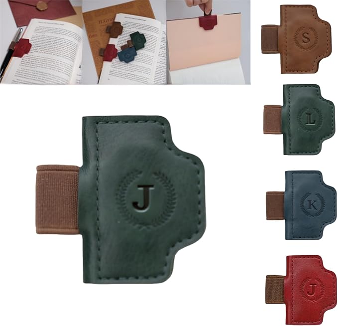 Personalized Magnetic Bygone Mark Bookmark with Pen Holder, 26 Letters Name Initial Custom Leather Book Mark for Women, Gifts for Book Lovers and Readers (Green,J)
