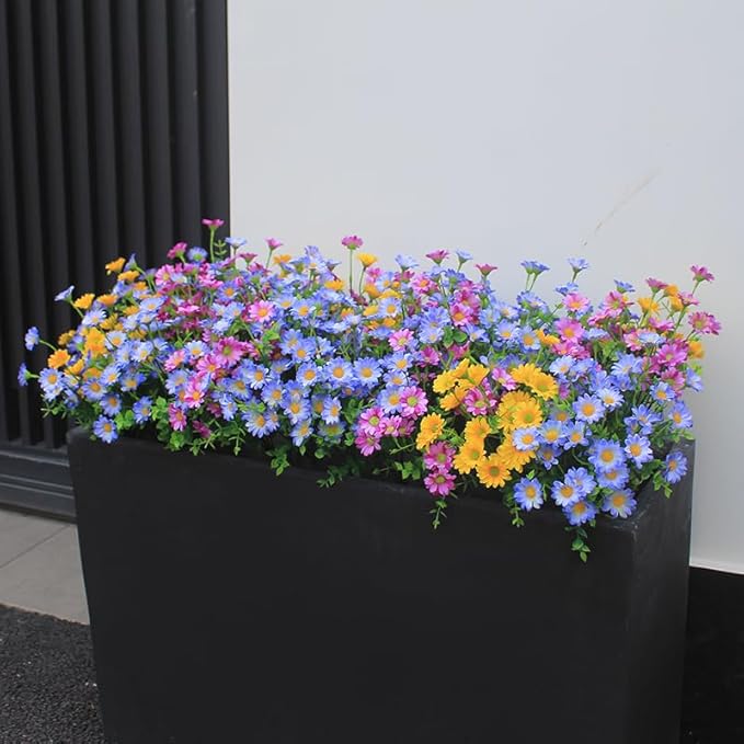 alyptus Artificial Daisy Flowers Outdoor Decoration 16 Bundles UV Resistant Blue Fake Silk Plants for Stunning Front Porch Pot Decor Outside (16 Bundle NO.P)