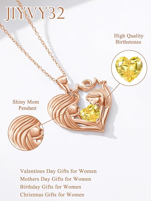 Mother and Daughter/Son Love Heart Necklace White Gold/14K Gold/Rose Gold Birthstone Jewelry Christmas Mothers Day Birthday Gifts For Mom Wife Grandma Women