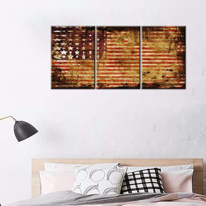 Native American Decor Grunge USA Flag Picture Patriotic Paintings Stars Stripes Wall Art 3 Piece Printed on Canvas Modern Artwork for Home Framed Stretched Ready to Hang in Living Room(42''Wx20''H)