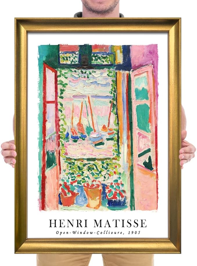 Wieco Art Large Framed Wall Art Open Window Collioure 1905 by Henri Mattise Abstract Colorful Art Matisse Posters Canvas Prints for Wall and Home Office Decorations Bronze Gold Frame