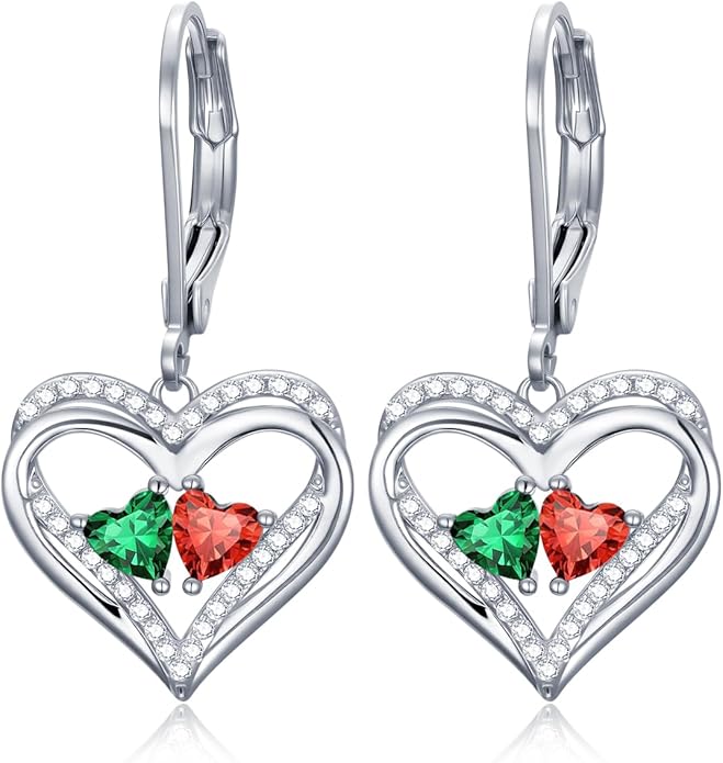 Heart Leverback Earrings Double Birthstone Dangle Earrings for Women, Love Jewelry for Her, Christmas Gifts for Women, Anniversary Birthday Gift for Mom Wife Girlfriend