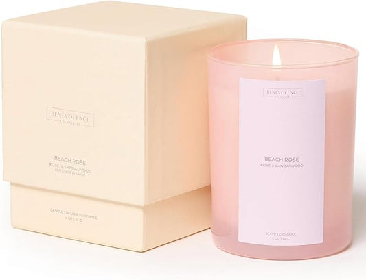 Rose & Sandalwood Scented Candle | 11oz, 60 Hour Burn | Natural Soy Wax, Cotton Wick | Soy Scented Candles for Home Fragrance | Benevolence LA Sun-Kissed Collection - Beach Rose