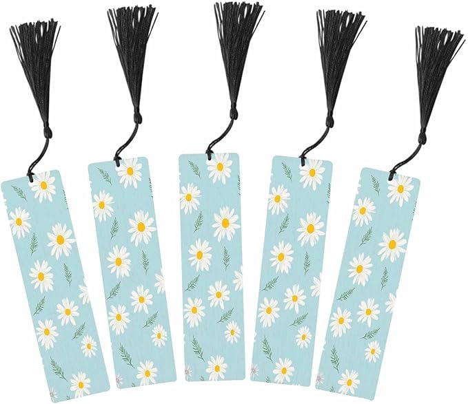 Daisy 5 Pcs Bookmarks Flower Spring Green Leaves Wooden Bookmarks with Tassel for Students Reader Teachers Book Lovers