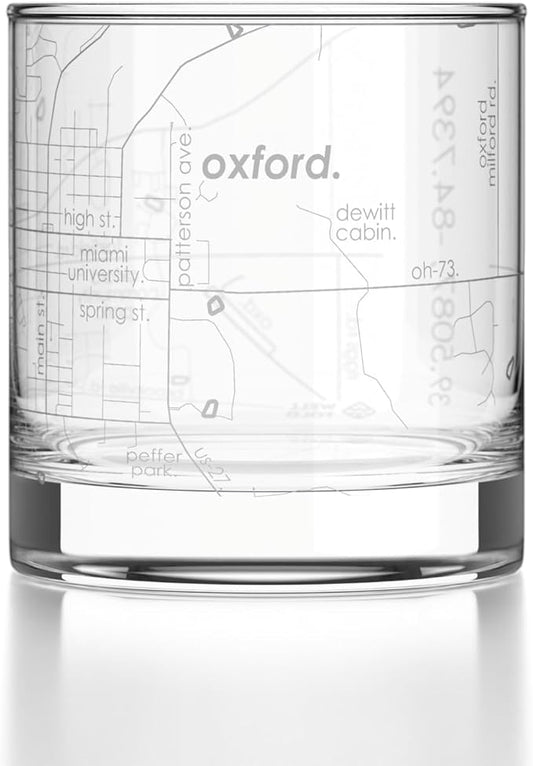 Well Told Engraved Oxford Ohio Map Rocks Glass, Old Fashioned Glassware (11 oz, Clear) Etched Bourbon Tumbler, Gifts For Whiskey Lovers