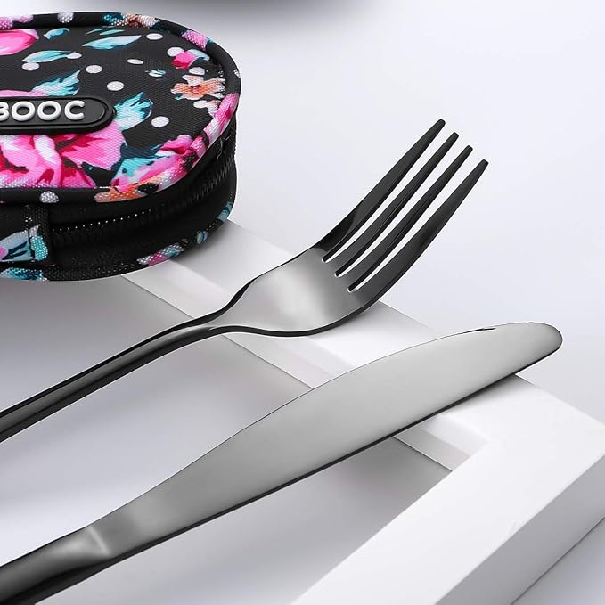Travel Utensils,Reusable Silverware Set To Go Portable Cutlery Set with a Waterproof Carrying Case for Lunch Boxes Workplace Camping Picnic (Black)