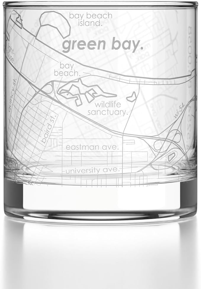 Well Told Engraved Green Bay Wisconsin Map Rocks Glass, Old Fashioned Glassware (11 oz, Clear) Etched Bourbon Tumbler, Gifts For Whiskey Lovers
