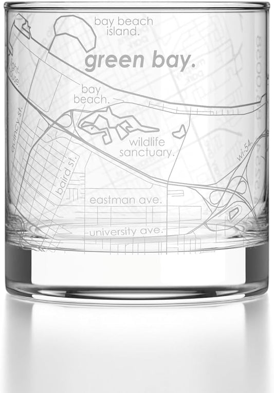 Well Told Engraved Green Bay Wisconsin Map Rocks Glass, Old Fashioned Glassware (11 oz, Clear) Etched Bourbon Tumbler, Gifts For Whiskey Lovers