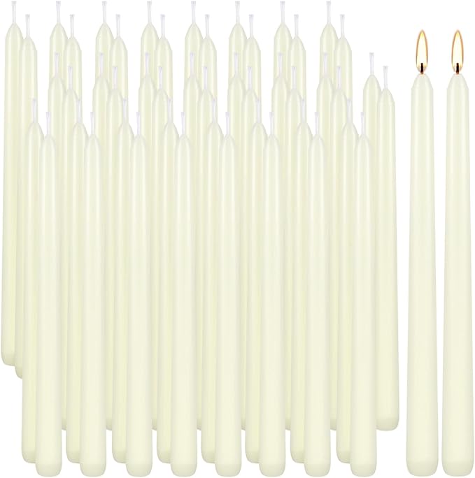 50 Pack Ivory Taper Candles, 7-8 Hours Burn Time, Unscented, Smokeless and Dripless, 4/5 x 10 Inch for Christmas,Household,Dinner,Wedding,Valentine's Day,Party and Home Décor Candlesticks