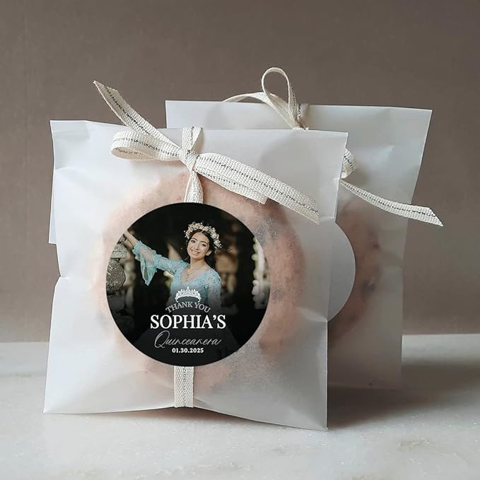 Andaz Press 40-Pack Personalized 2" Round Circle Quinceañera Labels, Thank You Sticker Labels with Custom Photo Crown for Quince Años, XV, 15th Birthday Favor Gifts, Quinceanera Decorations