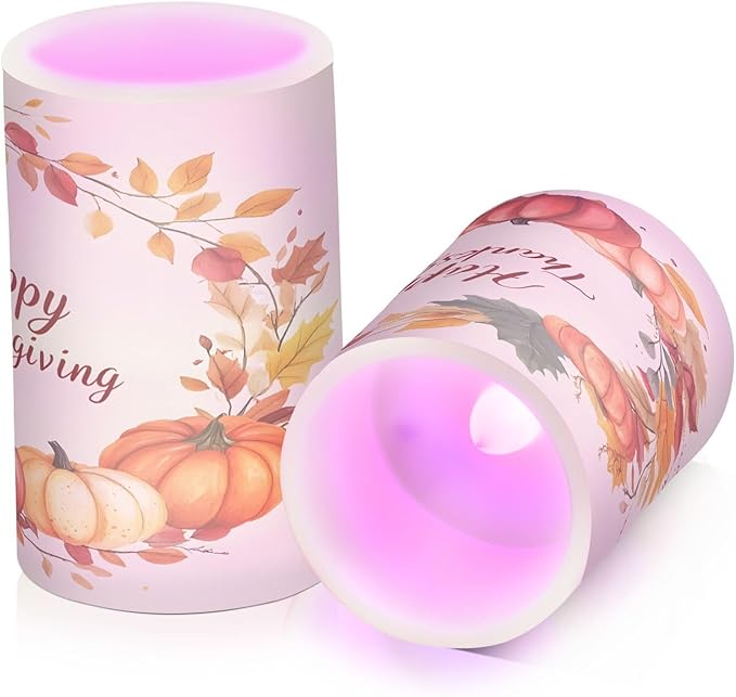 ALAZA Pumpkin Happy Thanksgiving Flickering Flameless Candles Battery Operated with Remote Timer,Tea Light Candles LED Pillar Votive Candles Set of 2 for Outdoor Indoor Decorations