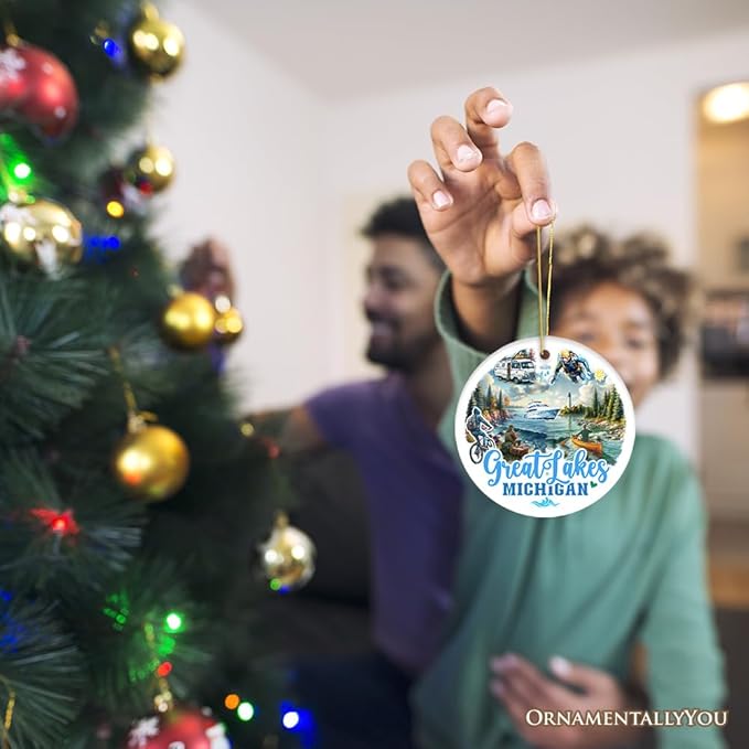Artistic Great Lakes Michigan State Ornament, Ceramic Landscapes and Travel Souvenir and Gift (Version 2)
