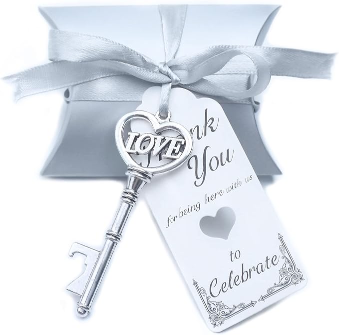 Aokbean 50pcs Skeleton LOVE Key Bottle Openers Pillow Candy Box Escort Thank You Tag Ribbon Wedding Favors Souvenir Gift for Guest Bulk (Antique Silver)