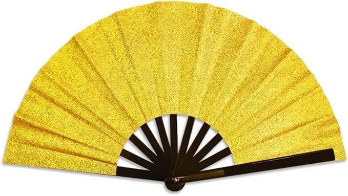 Large Gold Glitter Hand Fan - For Parties, Events, Raves, Indoor, Outdoor Use - 25" Wide Foldable Hand Fan