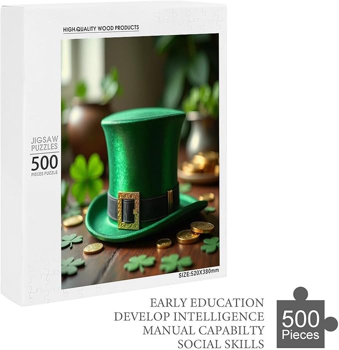 Saint Patrick's Day Green Shamrock Shamrock Hat Lucky Wooden Puzzle 500 Pieces Jigsaw Puzzles for Adults Puzzle Educational Toys Challenging Fun Games Gifts for Elders Kids Family and Friends