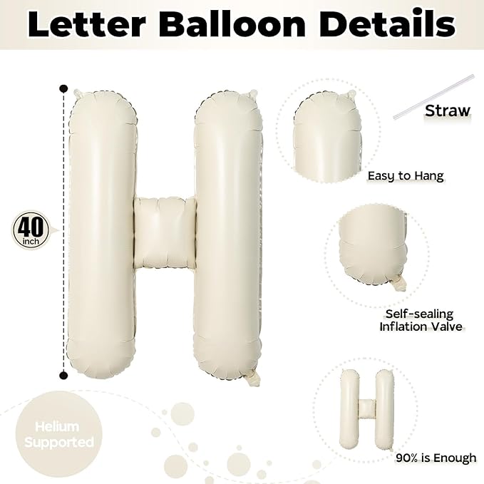 40 Inch Cream HBD Balloons for Boho Birthday Party Decorations, Giant Beige HBD Letter Foil Mylar Balloon Banner Helium Supported, Ivory White Sand Neutral Happy Birthday Sign for Girls Women Boys Men